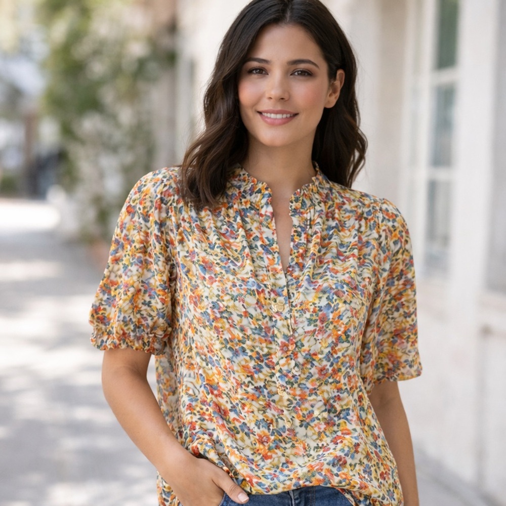 Go by GoSilk NWT Silk Floral Multicolor Short Sleeve Blouse Size Small